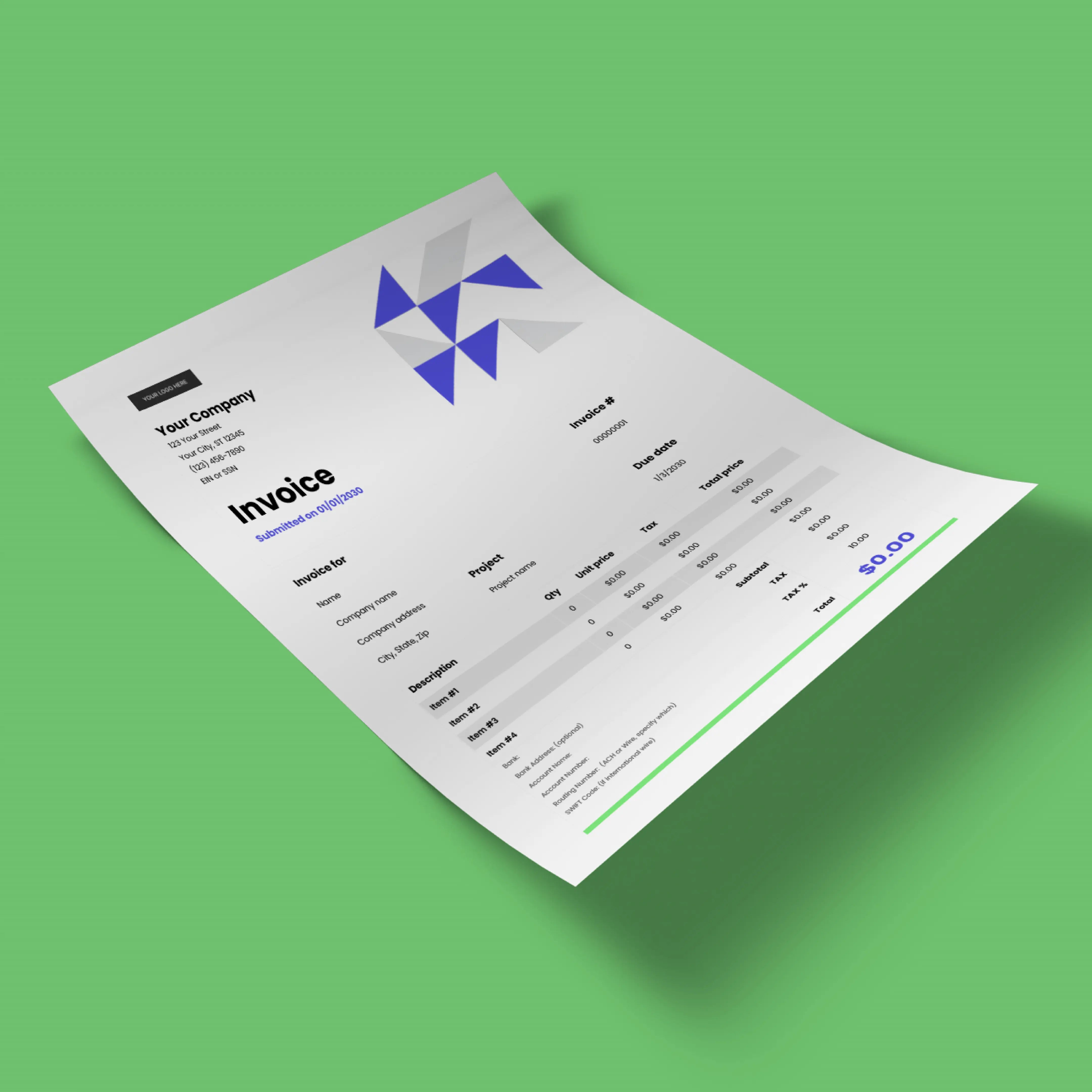 The Invoice Template - Forma 40 Edition | Editable Canva Template (US & EU Format) features a clean, modern layout with a geometric blue logo, editable company and recipient details, itemized charges, and total due displayed.