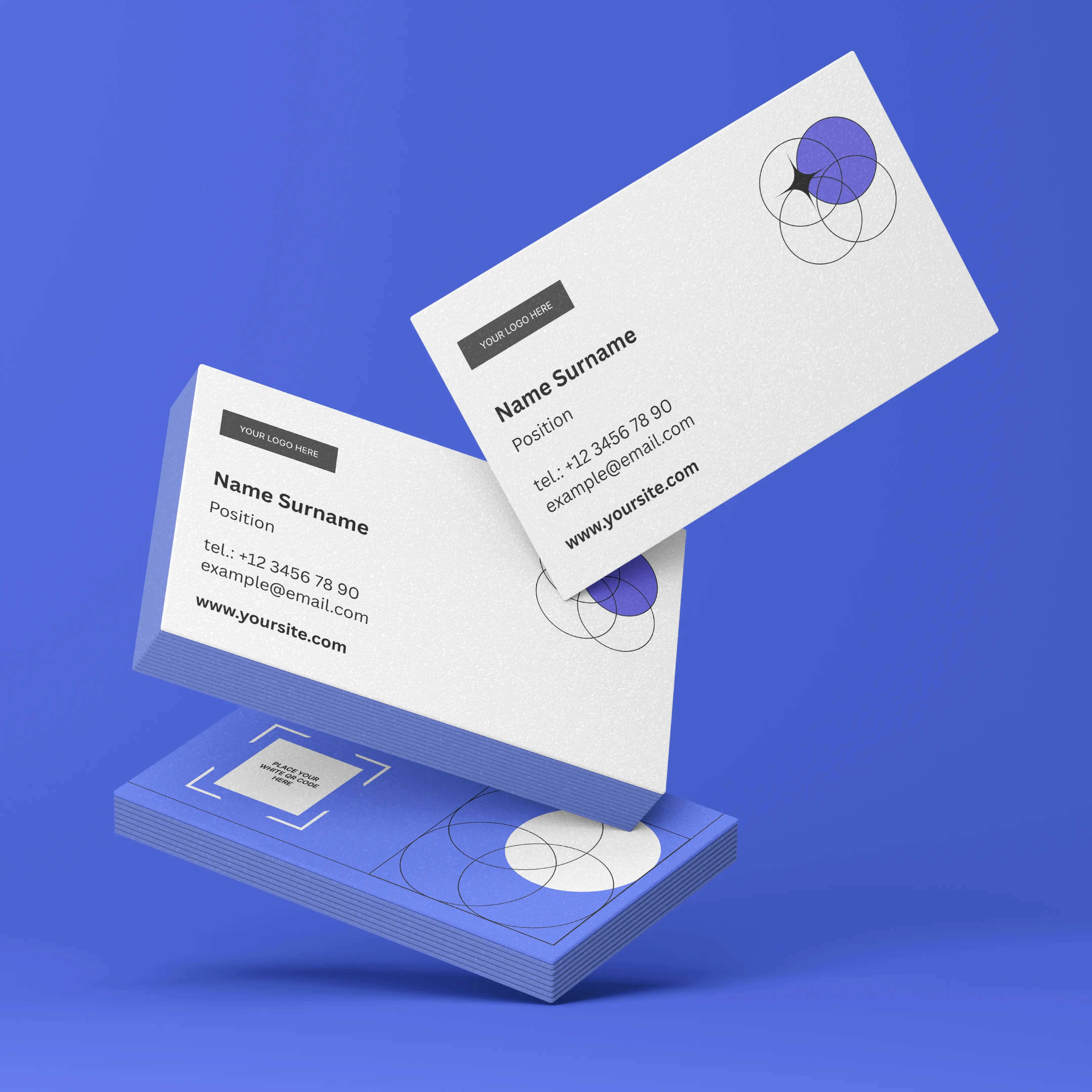 A stack of Minimal Business Card Template | Editable in Canva, Forma 20 Style cards rests on a blue surface. One editable card stands upright, showing contact info and abstract black and purple geometric shapes.
