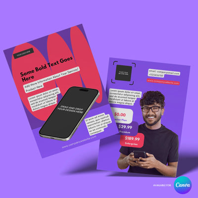 Two modern, colorful flyers on a purple background showcase the "Flyer Template for Canva - Forma 10 Collection" by More By Us | The Brand Store—one with a smartphone image and text boxes, the other featuring a smiling man with pricing and contact info.