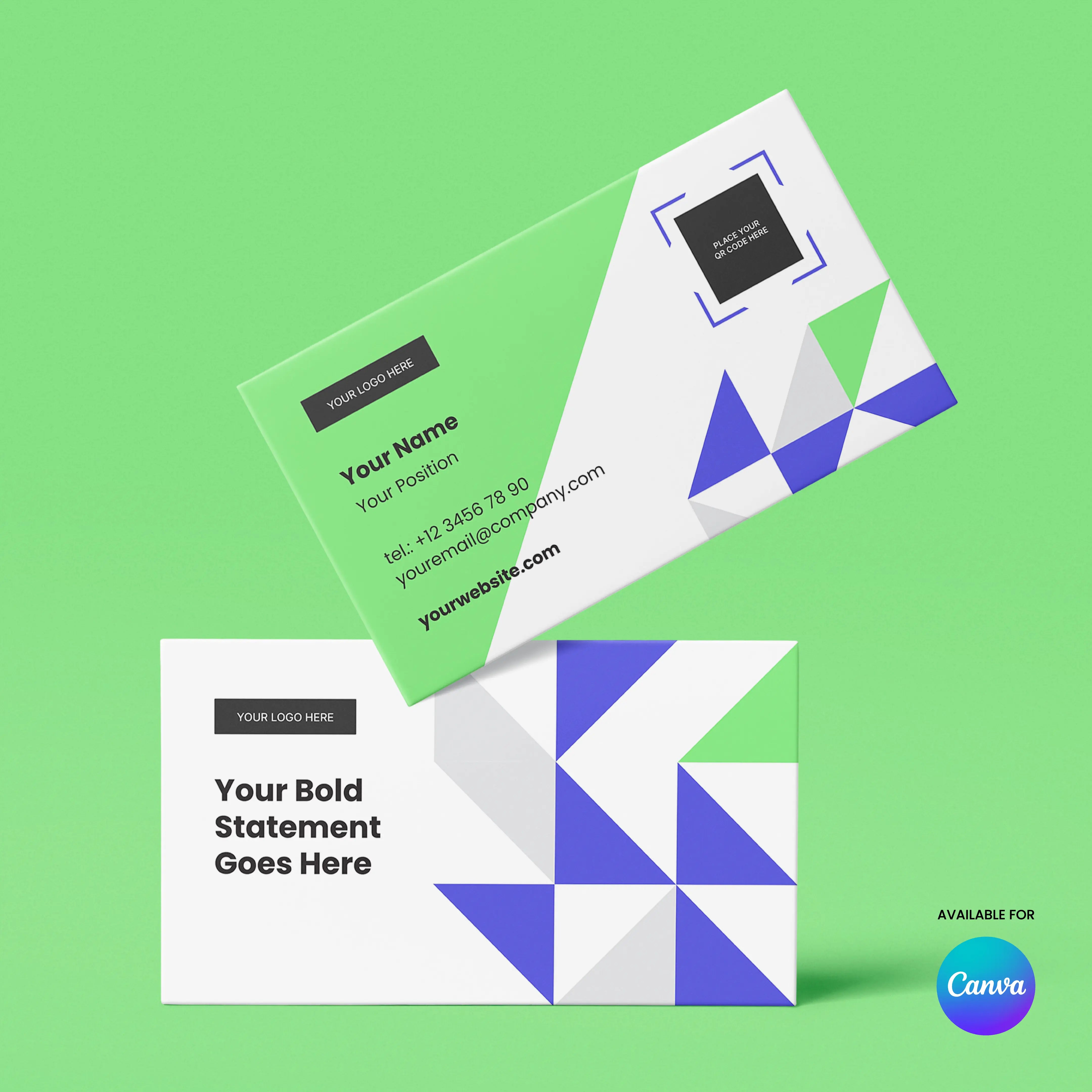 Two business cards on a green background showcase blue and purple geometric triangles from the Forma 40 Collection. This editable Canva template includes areas for contact info, logo, and a headline. Product: Business Card Template for Canva | Forma 40 Collection.