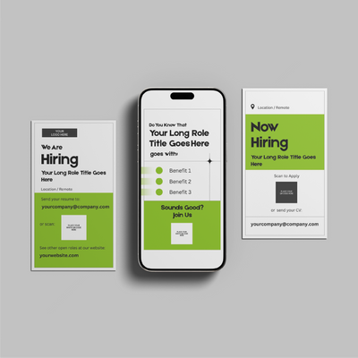 Three recruitment ads from the Green Hiring Social Media Story Templates for Canva - Forma 20 Collection are shown: two vertical cards and a smartphone mockup, featuring green, white, gray sections, job title placeholder, contact email, and website fields.