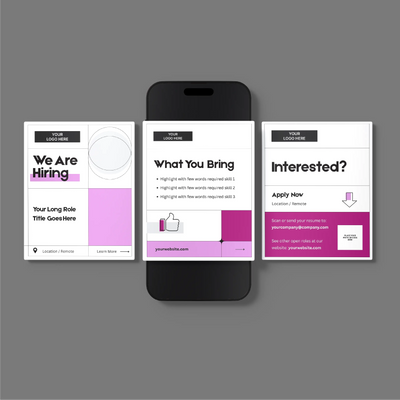 Three mobile screens showcase the Forma 20 Collection Pink Edition by More By Us—Social Media Hiring Carousel Templates for Canva featuring white, gray, pink, and black. Ideal for LinkedIn or Instagram job slides with title, skills, logo, instructions, and contacts.
