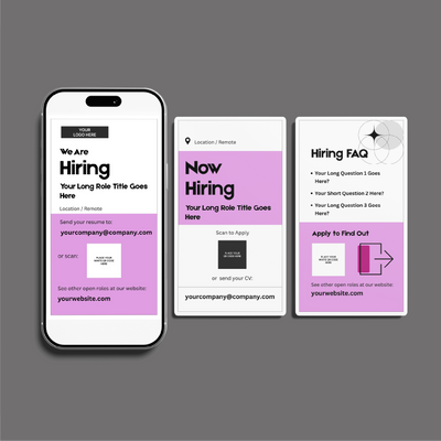 Three mobile screens display a job hiring announcement using the Pink Hiring Social Media Story Templates for Canva Forma 20 Collection by More By Us | The Brand Store, featuring bold role titles, application steps, company email, and website for standout recruitment.