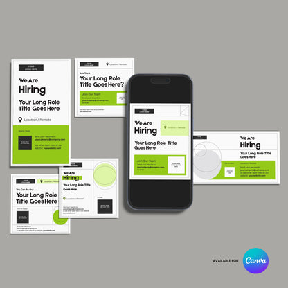 The Social Media Hiring Ad Templates for Canva – Forma 20 Collection Green Edition showcases five green, black, and white designs around a smartphone. The Canva logo and “AVAILABLE FOR Canva” label highlight its suitability for digital recruitment.