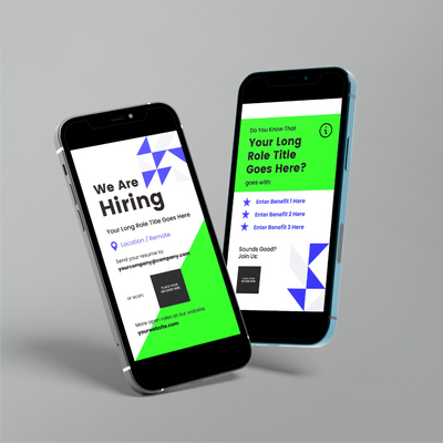 Two smartphones feature a job ad designed with Hiring Social Media Story Templates for Canva – Forma 40 Collection, showcasing open roles, benefits, and application steps on geometric blue and green shapes against a light gray background.