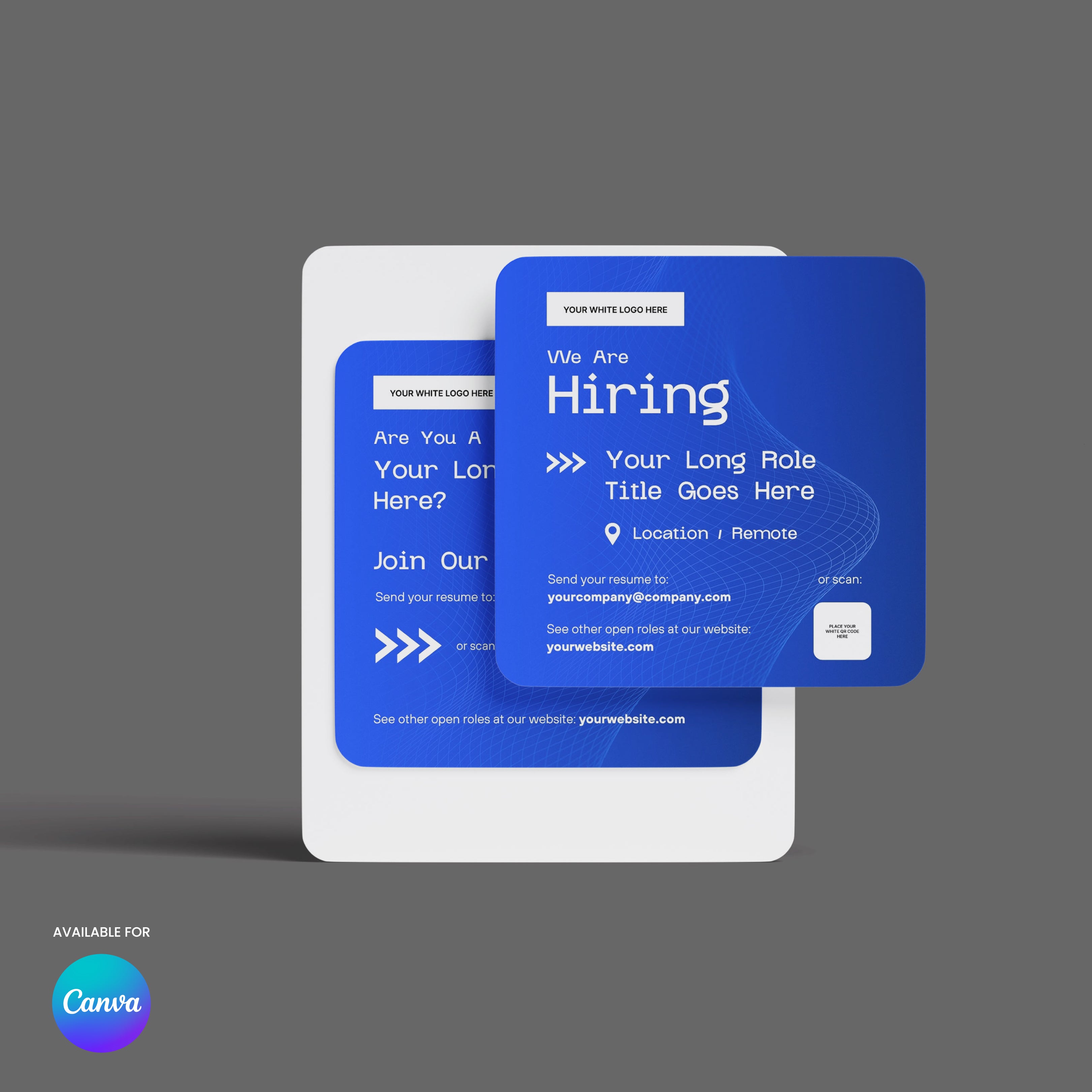 The Social Media Hiring Ad Templates for Canva – Forma 30 Collection features a blue graphic with white text, We Are Hiring headline, editable job title, location, contact info, and Canva logo at bottom left—ideal for pro hiring posts.