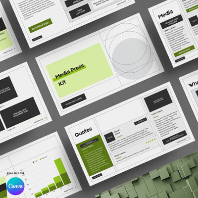 A flat lay of the Green Media Press Kit Template for Canva – Forma 20 Collection by More By Us | The Brand Store, with black, white, and green accents, features media, quotes, charts, text sections, and an “Available for Canva” icon in one corner.