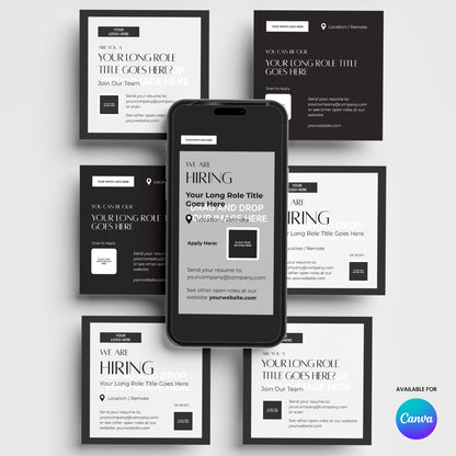 A phone with a hiring ad template from the Social Media Hiring Ad Templates for Canva - Forma 60 Collection is centered atop six matching square flyers, all in black and white designs with editable text fields and a Canva logo on a light background.