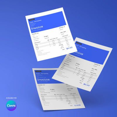 Three invoices with blue headers float on a gradient background, displaying the Invoice Template – Forma 30 Edition by More By Us | The Brand Store. Itemized details, due dates, and totals are shown; a Canva logo appears in the bottom left corner.