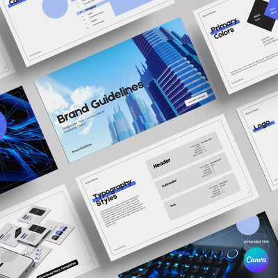 A flat lay of the "Modern Brand Identity Template - Forma 20 | Canva Brand Guidelines Layout" by More By Us | The Brand Store shows slides on color palettes, typography, logo usage, and cityscape imagery with the Canva logo for branding handover.