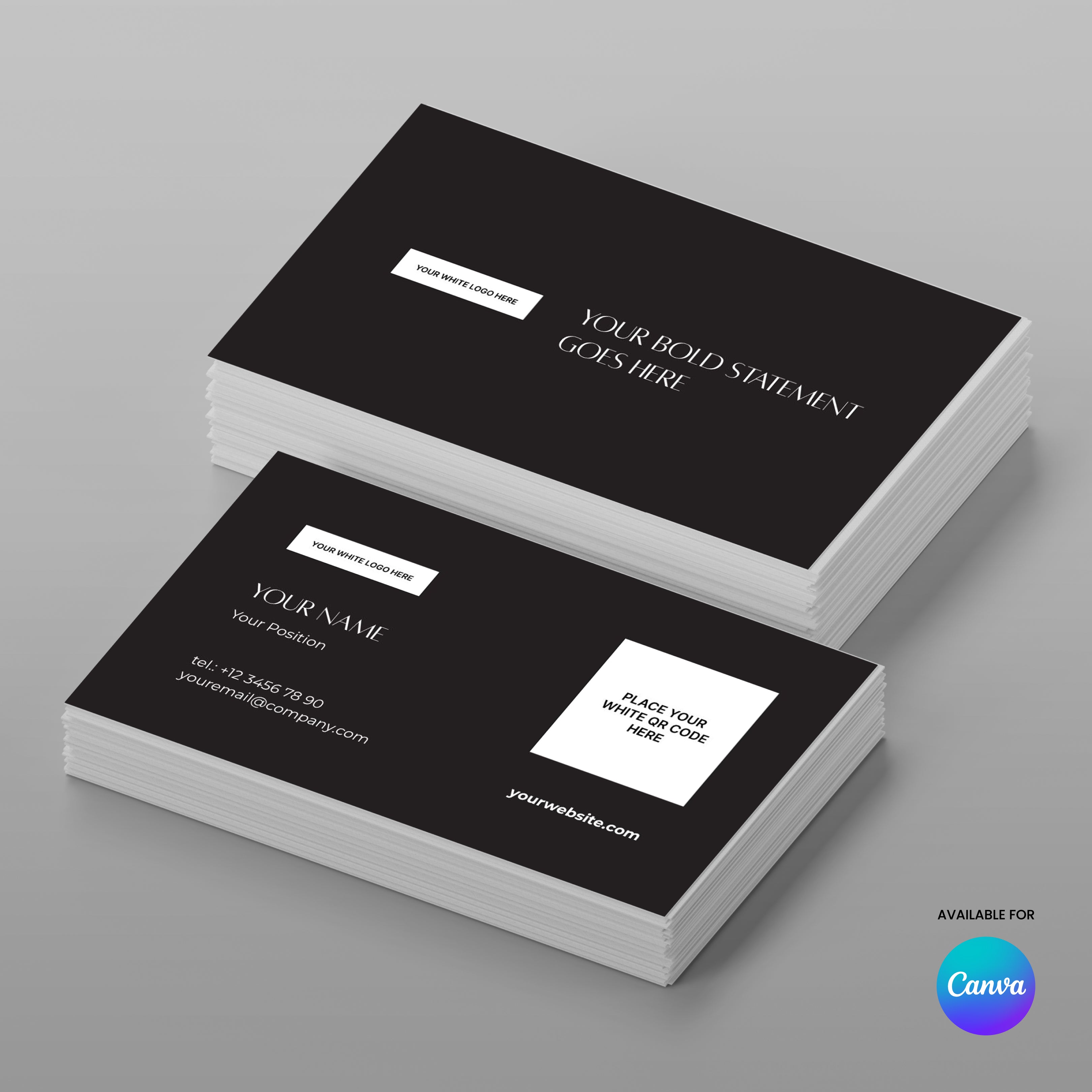 Showcase your brand with the Business Card Template for Canva – Forma 60 Collection. This minimal mockup displays black cards with white text, contact info placeholders, bold headline, website, QR code, and the Canva logo—ideal for a professional business card design.