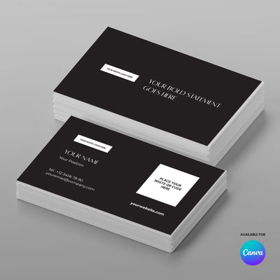 The Business Card Template for Canva - Forma 60 Collection features a sleek black design with white text, customizable QR code, details, and logo fields, shown on a gray surface with a Canva logo. Perfect for modern business cards.