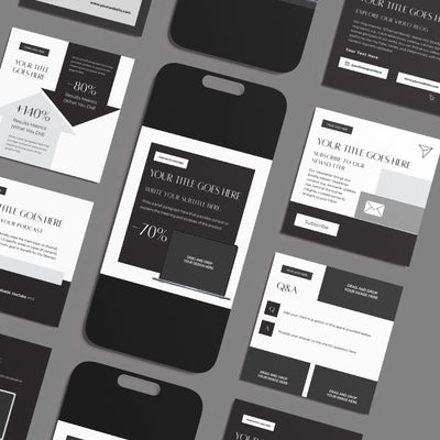 A flat lay of Social Media Post Templates for Canva – Forma 60 Collection by More By Us | The Brand Store, showcasing minimalist black-and-white designs with text boxes, buttons, and icons for titles and content on a gray background.