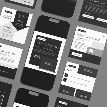 Flat lay of black and white Social Media Post Templates for Canva – Forma 60 Collection, including newsletter sign-ups, promotions, QA, and podcast highlights mockups displayed on a gray surface in an overlapping arrangement.