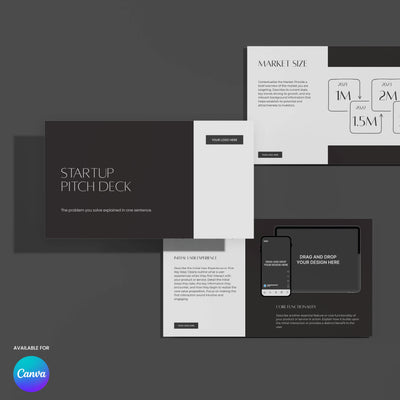 The Forma 60 Startup Pitch Deck Template by More By Us | The Brand Store is a minimalist Canva design for fashion and creative brands, with black, white, and gray slides for title, logo, market size, device mockups, and short text. Canva logo in lower left.