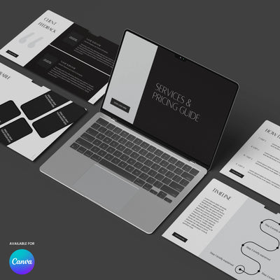 A laptop displays the Proposal Deck Template for Canva – Forma 60 Collection by More By Us. Editable services and pricing guides surround it, featuring the Canva logo to show customization in Canva is available.