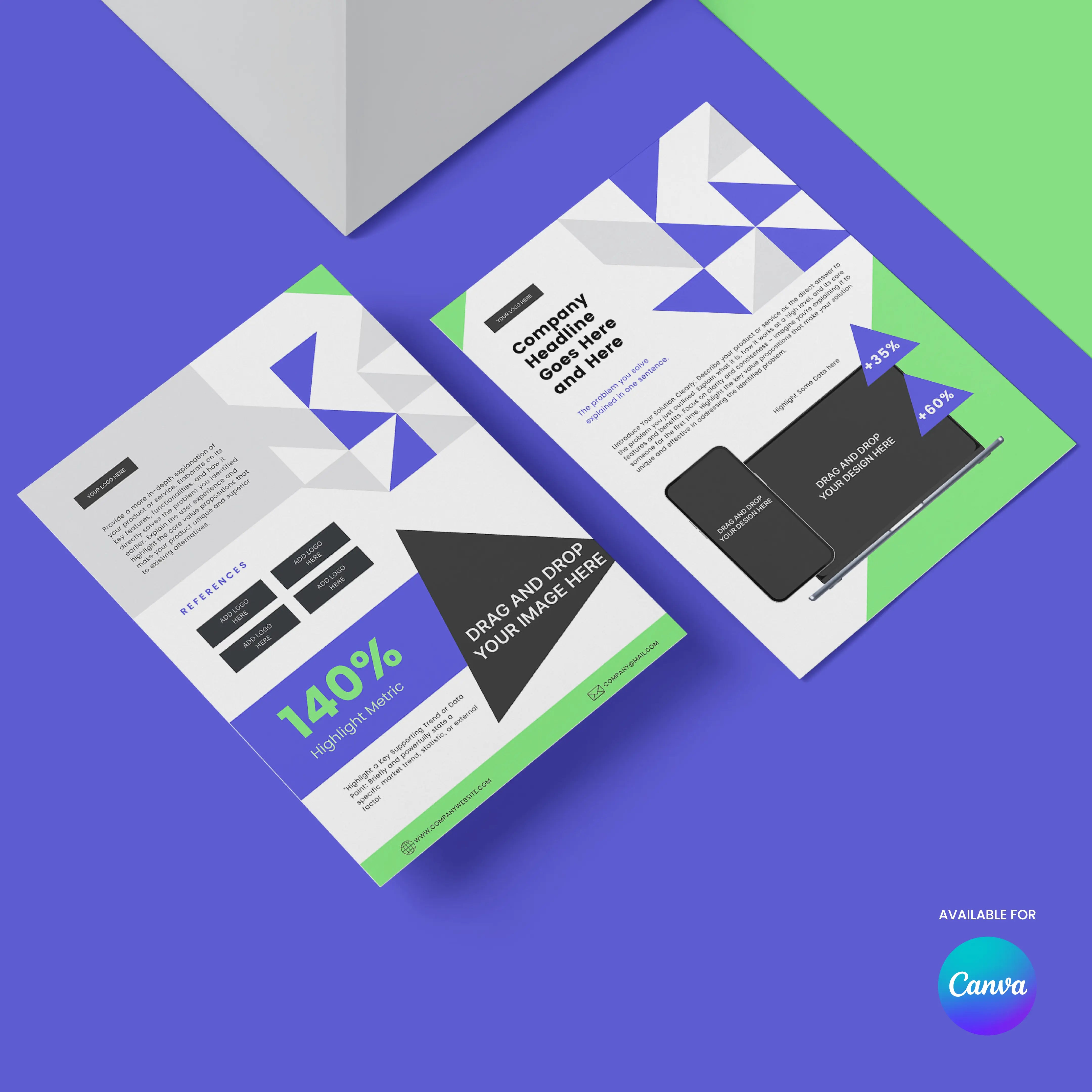 The One-Pager Template for Canva | Forma 40 Collection features two geometric business flyers in white, green, blue, and black on a purple background—ideal for startups, SaaS, or company overviews. A Canva logo appears in the bottom right corner.
