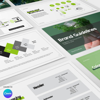 A flat lay of More By Us | The Brand Store’s Brand Guidelines Template | Canva Editable, Green Minimal Style Forma 20, showing printed pages with color palettes, fonts, icons, illustrations, and a cover reading Brand Guidelines. Canva logo bottom left.