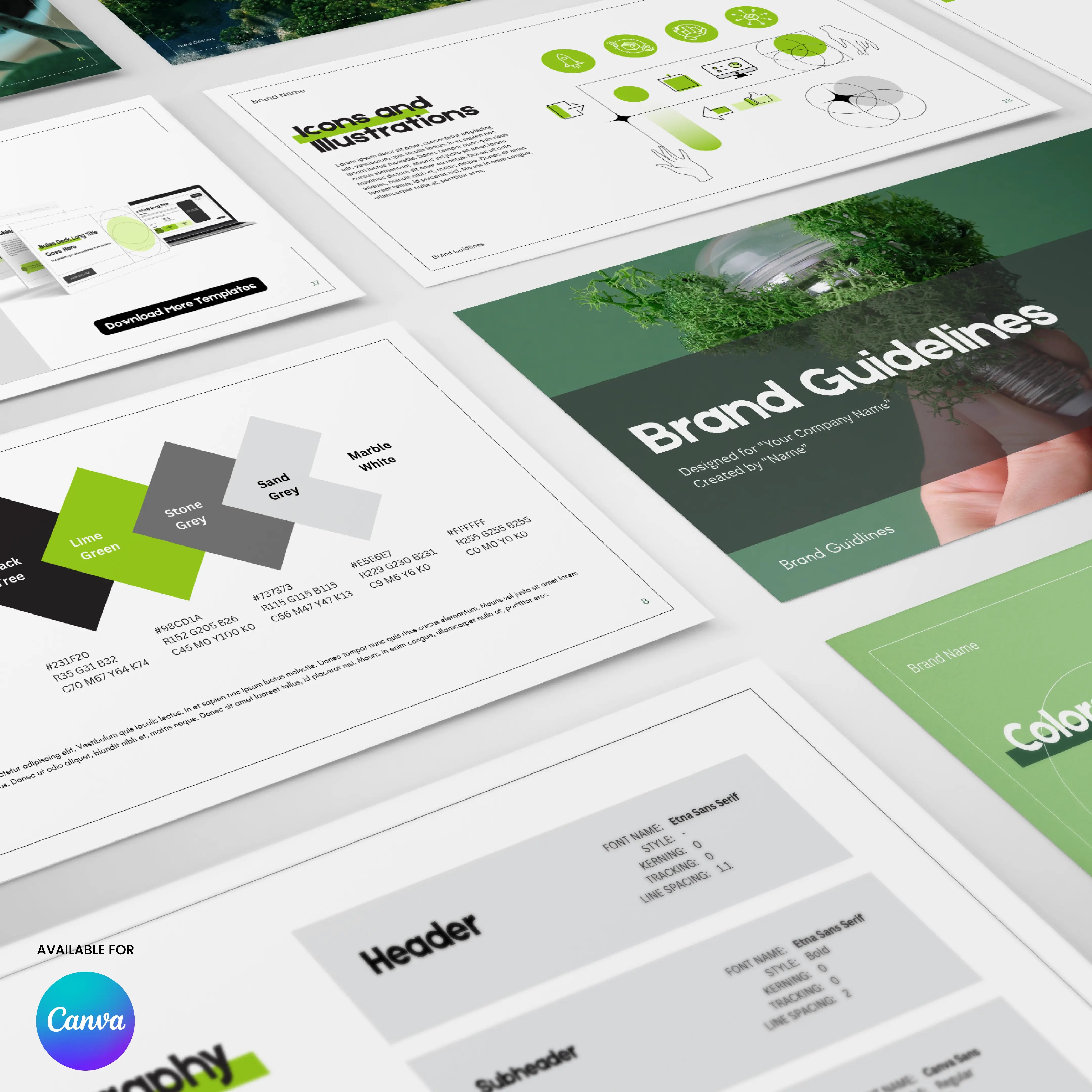 A set of brand guideline documents in green minimal style, featuring color palettes, typography, icons, and illustrations. The Canva logo indicates theyre from the Brand Guidelines Template | Canva Editable, Green Minimal Style (Forma 20).