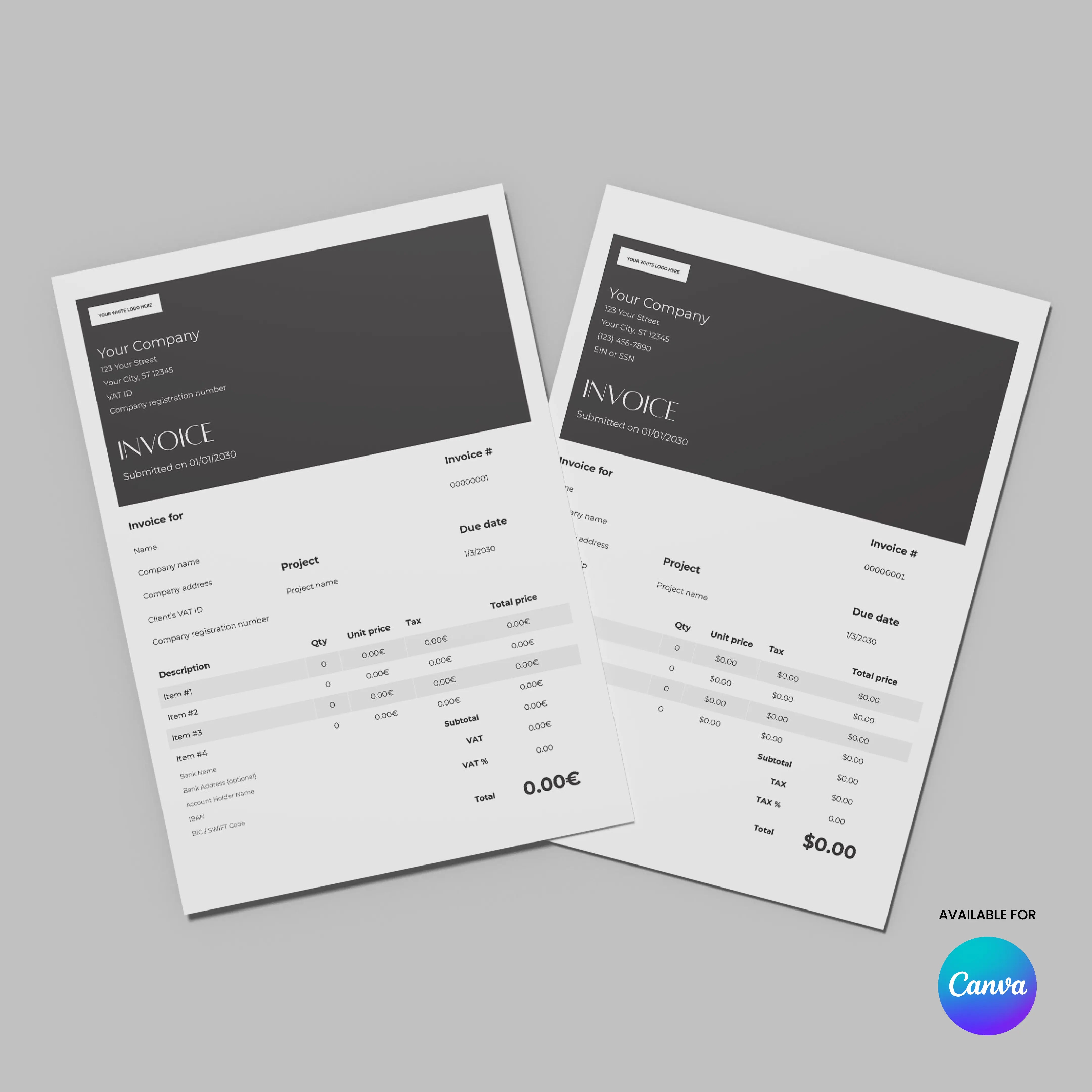 Two modern, minimalistic invoices from the Forma 60 Collection US EU formats feature dark headers, detailed tables, and "Canva" logos on a light gray background—showcasing this professional Invoice Canva Template.