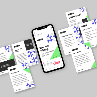 A smartphone shows a hiring announcement with six flyers labeled About The Role and Who We Are, featuring modern blue and green designs. Created using the Hiring Social Media Carousel Template for Canva Forma 40 Collection by More By Us | The Brand Store.