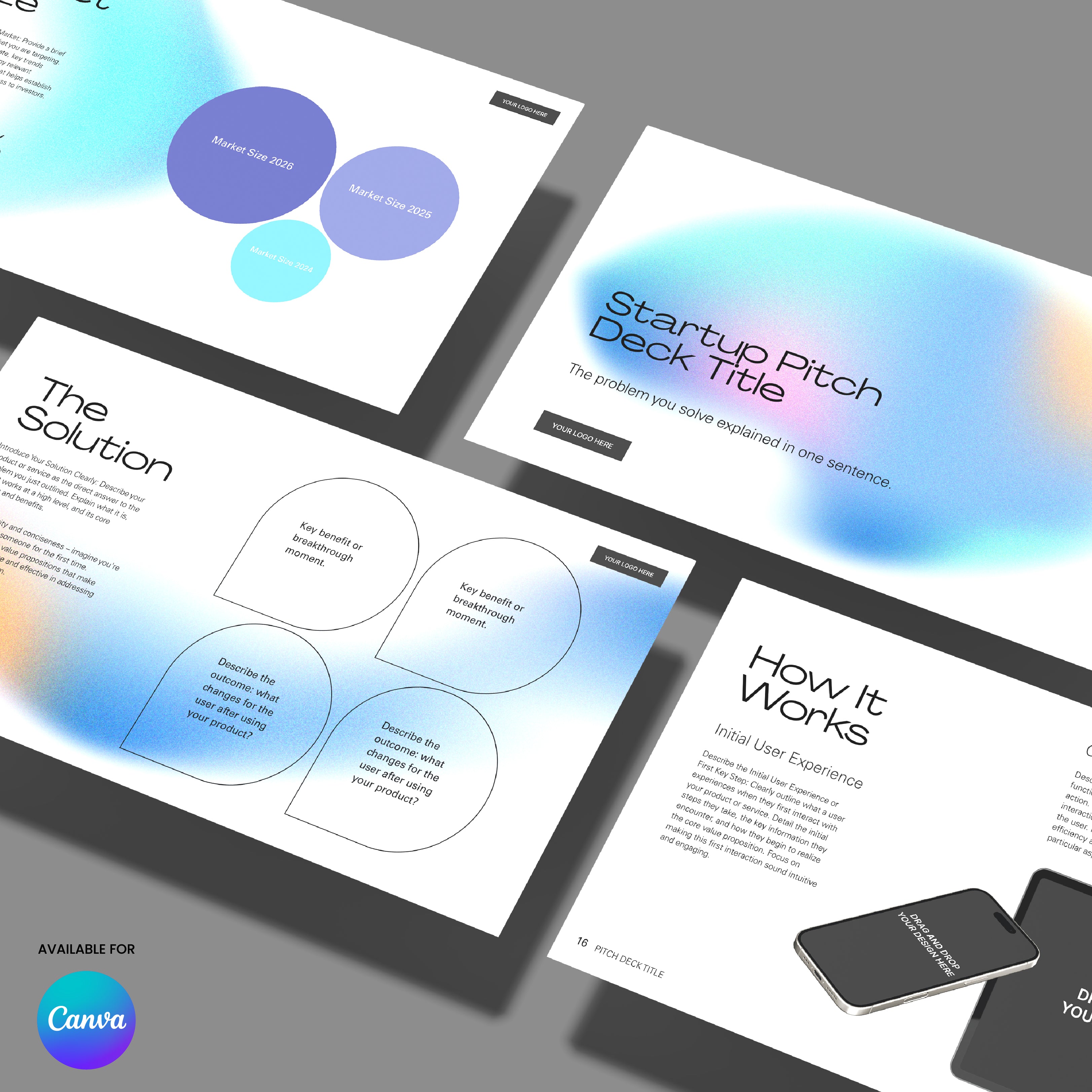 The Canva Pitch Deck Template – Forma 50 Aurora Minimal Design features five modern, minimalistic slides with gradients and abstract shapes—perfect for startup investor pitches, including Solution and How It Works sections shown with two smartphones on gray.