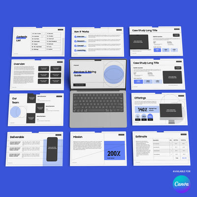 A laptop rests on a blue surface, surrounded by twelve open slides from the Proposal Deck Template for Canva - Forma 20 Collection by More By Us | The Brand Store—an editable B2B and startup presentation featuring an Available for Canva badge.