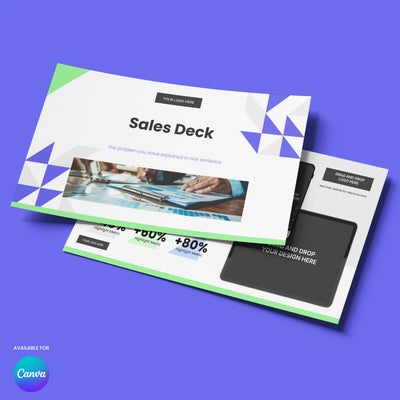 Two pages from the "Sales Deck Template for Canva – Forma 40 Collection" by More By Us | The Brand Store are stacked on a purple background with bold geometric accents, sample text, image spaces, and a Canva logo in the corner.