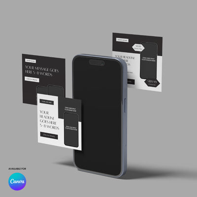 A smartphone stands upright with three floating Social Media Paid Ad Templates for Canva - Forma 60 Collection, showing sample headlines, text, and phone screens. The Canva logo is in the lower left on a gray background.