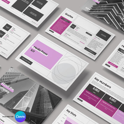 The Media Press Kit Template for Canva - Forma 20 Collection by More By Us | The Brand Store is a corporate slide set with sections like Media Press Kit, Key Stats, Quotes About the Company, plus editable black, white purple designs and Canva logo.