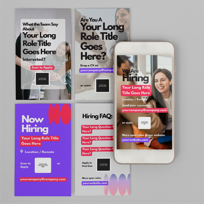 The Hiring Social Media Story Templates for Canva - Forma 10 Collection features four vibrant recruitment flyer designs and a smartphone mockup with editable job ads, bold text, and photos—ideal for showcasing openings on social media.