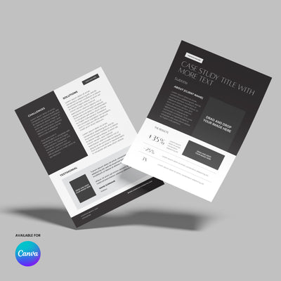 The Case Study Template for Canva – Forma 60 Collection by More By Us | The Brand Store features two angled grayscale flyers with sections for challenges, solutions, testimonials, and results, plus sample layouts and “Available for Canva” on a light gray background.