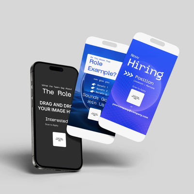 Three smartphones display the Social Media Hiring Story Template for Canva Forma 30 Collection by More By Us | The Brand Store, featuring recruitment campaign screens with job openings and options to scan or apply.