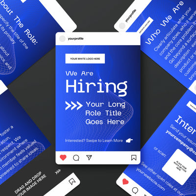 Announce new roles with the Social Media Hiring Carousel Templates for Canva – Forma 30 Collection by More By Us | The Brand Store. Includes space for job title, logo, company, and role details—ideal for We’re Hiring posts and carousel templates.