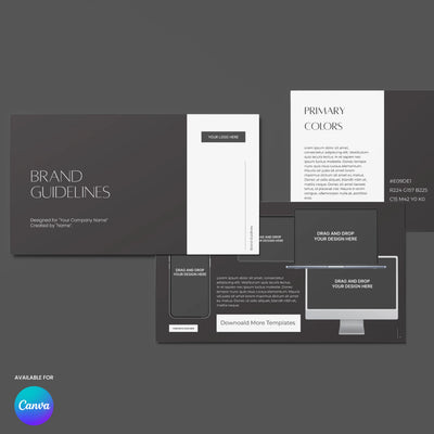 The Brand Guidelines Template for Canva – Forma 60 Collection by More By Us | The Brand Store is shown on a grey background with pages for colors, logo use, and device mockups. An “Available for Canva” label appears in the lower left corner.