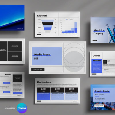 A flat lay of nine Blue Media Press Kit Template for Canva slides from the Forma 20 Collection by More By Us | The Brand Store, featuring modern blue, white, and black charts, text boxes, images, and contact info. Ideal for startups.