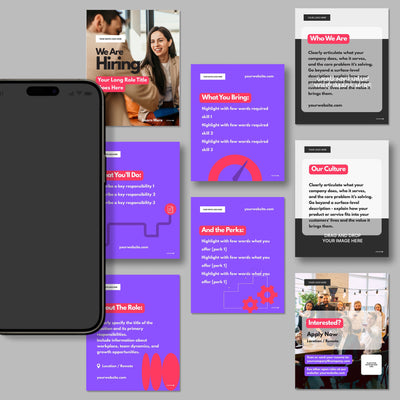 The “Social Media Hiring Carousel Templates for Canva – Forma 10 Collection” by More By Us | The Brand Store features bold purple, gray, white, red, and orange designs—perfect for LinkedIn hiring, easily edited in Canva. Displayed with a black smartphone.