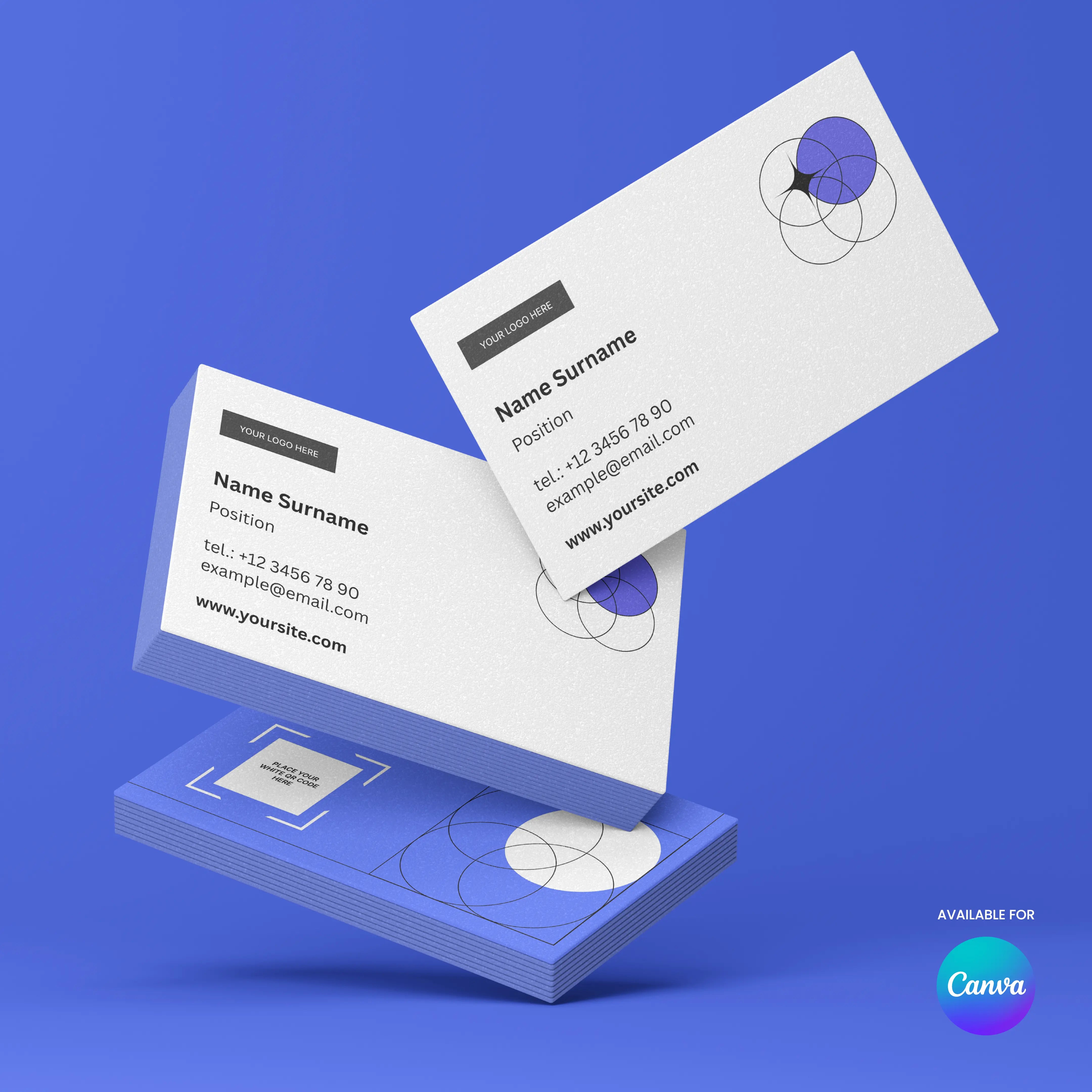 Minimal Business Card Template | Editable in Canva, Forma 20 Style: Features a stack of modern cards with a white front for your details and abstract designs, plus a blue back. Includes sample cards and Canva template logo in the corner.