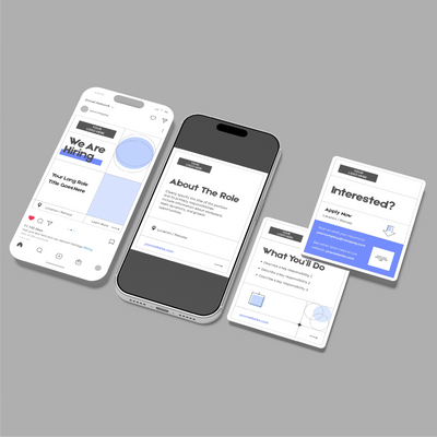 Three smartphones showcase the Hiring Social Media Carousel Template for Canva—Forma 20 Collection—on Instagram, with slides titled We Are Hiring, About The Role, Interested?, and What You’ll Do on grey backgrounds with icons and text boxes.