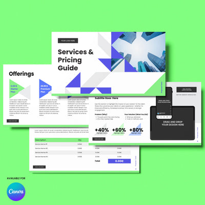 Three editable template slides from the "Proposal Deck Template for Canva – Forma 40 Collection" by More By Us | The Brand Store are shown on green, with blue and gray geometric designs, custom layouts, tables, sample text, and a Canva logo—ideal for B2B pricing presentations.