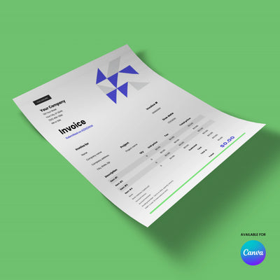 The Invoice Template - Forma 40 Edition by More By Us | The Brand Store is an editable Canva design shown on green, with a geometric logo, itemized charges, company details, total due, and a Canva logo in the bottom right corner.
