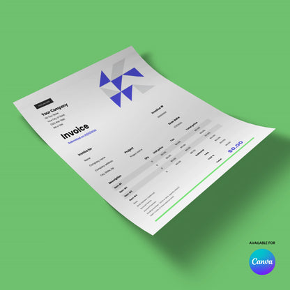 The Invoice Template - Forma 40 Edition | Editable Canva Template (US & EU Format) is a professional, single-page invoice with a blue geometric logo, green background, itemized billing details, and a Canva logo in the bottom right corner.