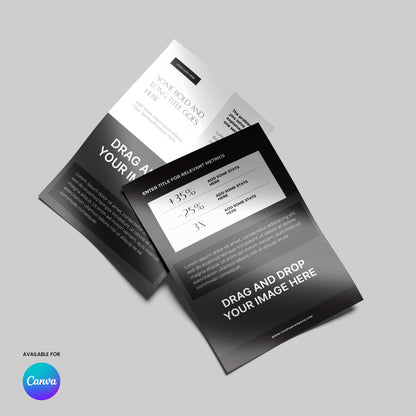 The Flyer Template for Canva - Forma 60 Collection features two premium grayscale marketing flyers on a light gray surface, each with chart graphics, "Drag and Drop Your Image Here" spaces, and the Canva logo bottom left. Editable in Canva.