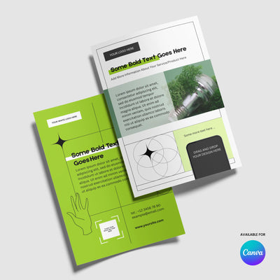 The Forma 20 Green Flyer Template for Canva by More By Us features bold, editable layouts with green, black, and white accents, plant and hand graphics—ideal for eco brands, events, or creatives. Includes contact info and a visible Canva badge.