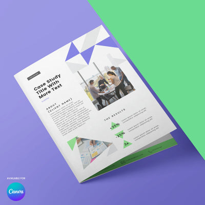 The Brand Store by More By Us presents the Case Study Template for Canva - Forma 40 Collection: an editable flyer with geometric shapes, meeting photo, sample text, results in percent on purple and green, plus Canva logo and "Available for Canva" at the bottom left.