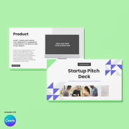 Two digital Canva slides on a light green background showcase the Startup Pitch Deck Template – Forma 40 Edition, a clean and editable presentation with geometric shapes, computer screen graphics, and a group photo. Canva logo appears at the bottom left corner.