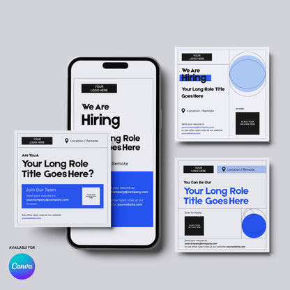 The Forma 20 Collection Blue Edition offers four Canva "We Are Hiring" ad templates in black, blue, and white, shown on smartphones and as square or rectangular graphics with space for job info and your logo. Canva logo included.