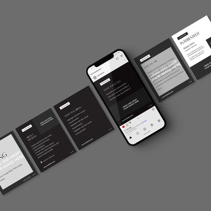 A smartphone showing a dark-themed site is centered on a gray surface, surrounded by six mockup cards featuring the Social Media Hiring Carousel Templates for Canva - Forma 60 Collection, with text areas and blank image spaces.