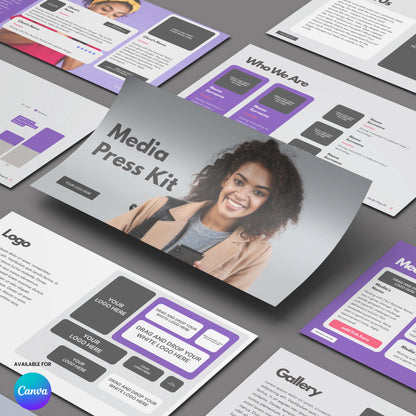 The Media Press Kit Template for Canva - Forma 10 Collection is shown on a gray surface, featuring editable sections for logo, gallery, and team details in modern purple, black, and white. The cover page displays a smiling woman.