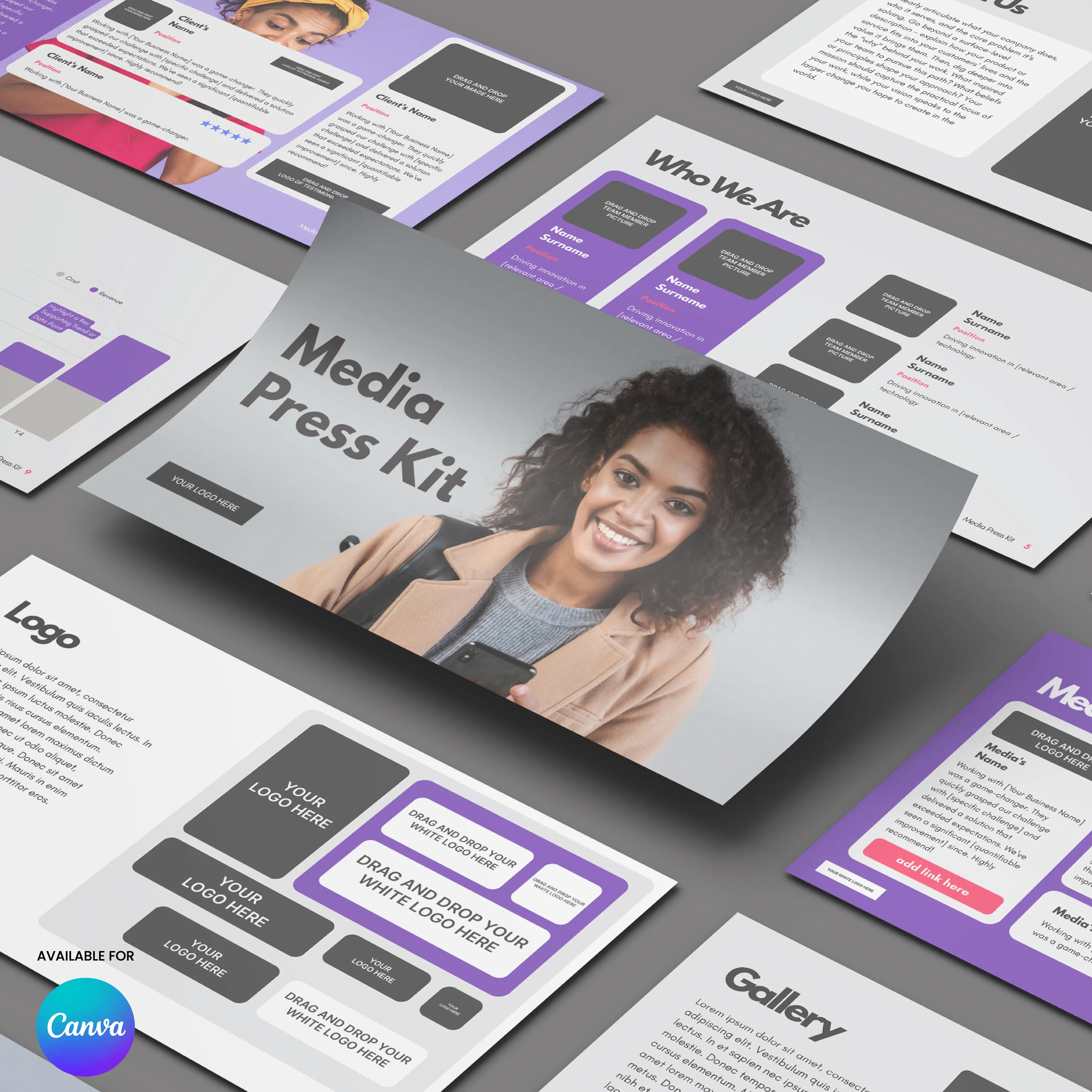 The Media Press Kit Template for Canva - Forma 10 Collection is shown on a gray surface, featuring editable sections for logo, gallery, and team details in modern purple, black, and white. The cover page displays a smiling woman.